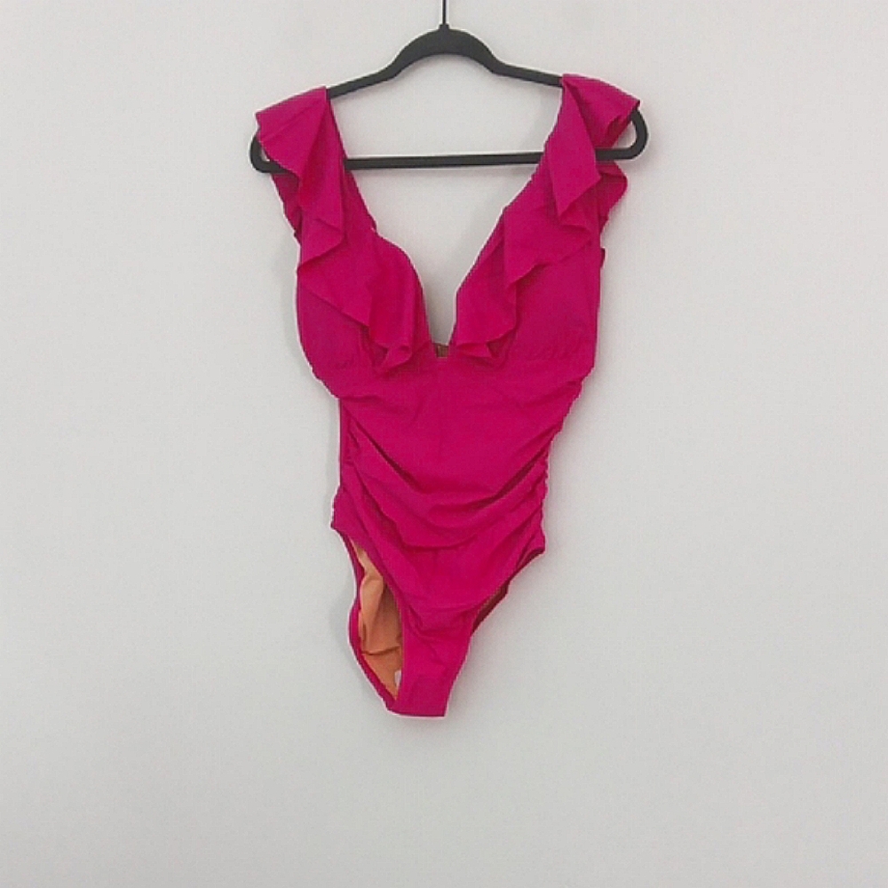 J Crew Fuchsia Pink One Piece Women's Swimsuit Ruched Ruffled V-Neck NEW